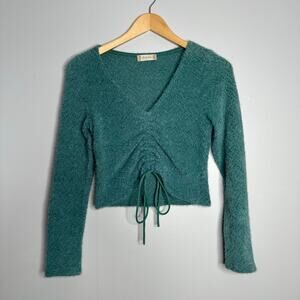 Altar'd‎ State Women’s Emerald Green V-Neck Ruched Fuzzy Crop Sweater Size S